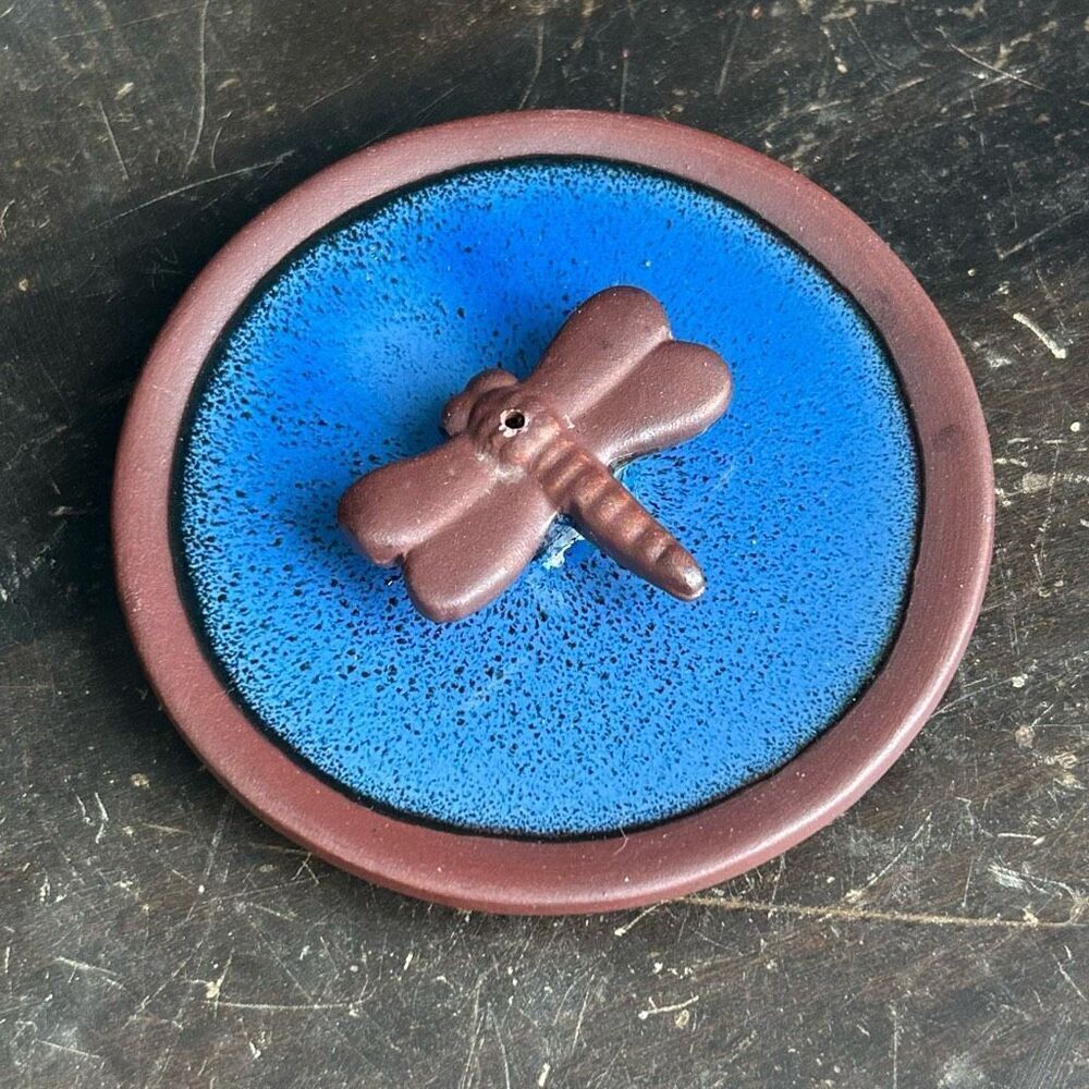 Dragonfly Cobalt Glazed Pottery Incense Holder Trinket Dish